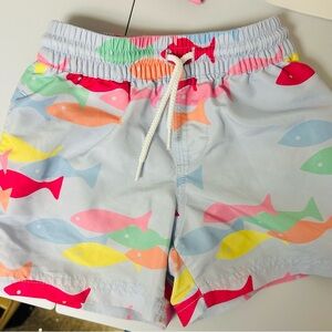 The Beaufort Bonnet Company White and Pink Swim Trunks with Playful Fish Design